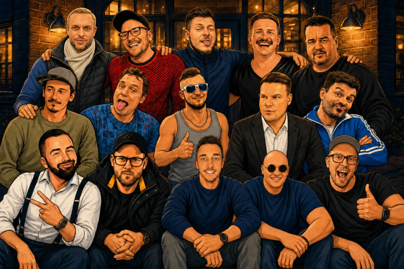 Illustration unserer Stammrunde: 15 Männer vor einem Restaurant am Abend